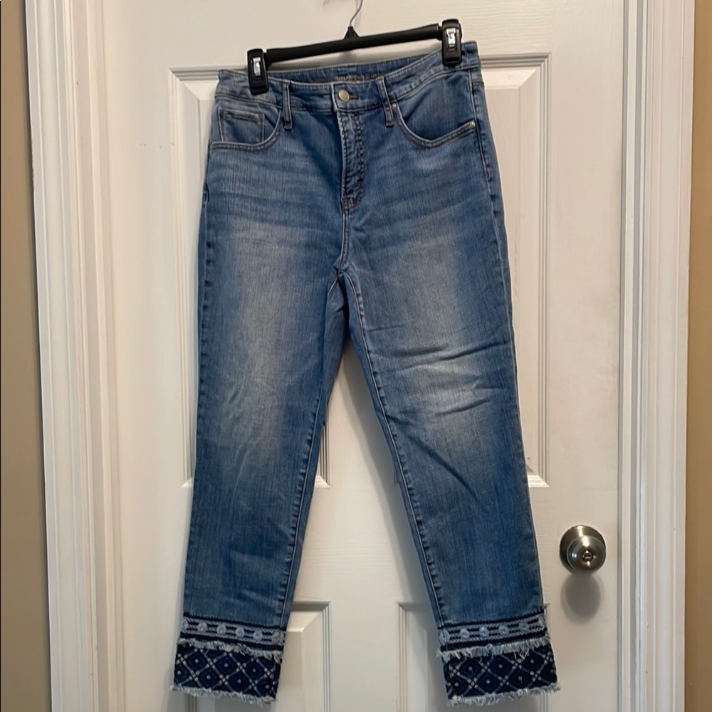 Blue Denim Women's Jeans with Embroidered Hem